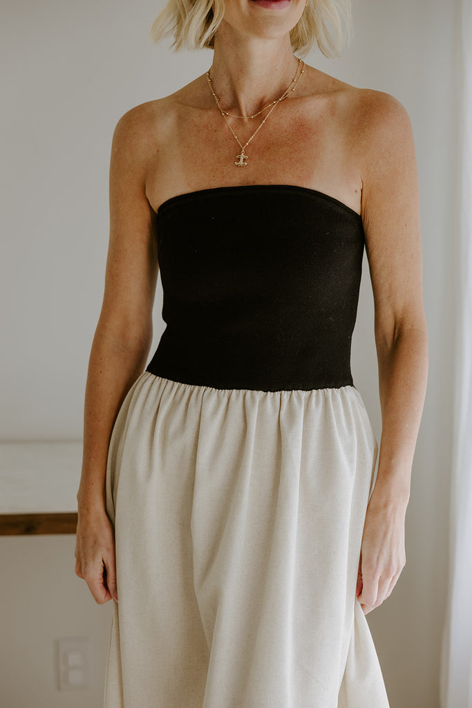 Strapless Mixed Material Midi Dress
