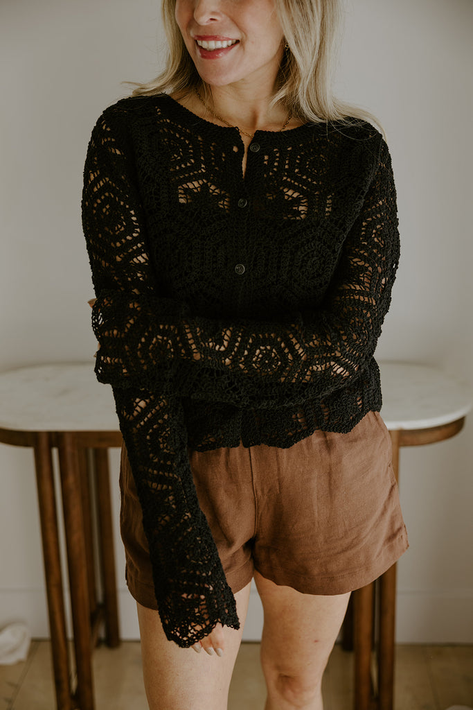 Crochet Cardigan Sweater - Black