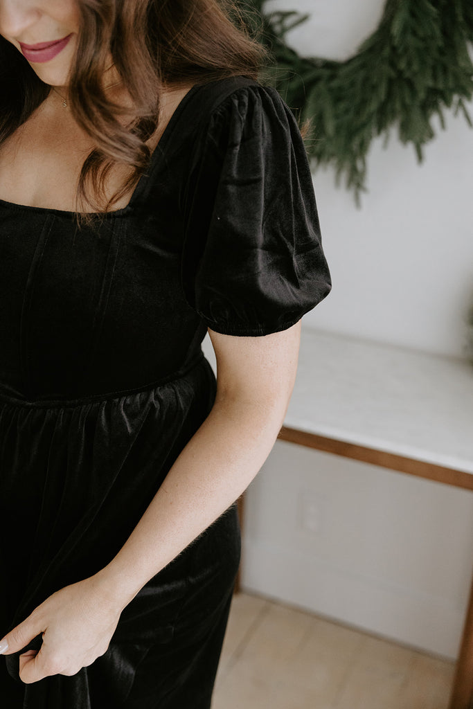Velvet Corset Midi Dress - Black