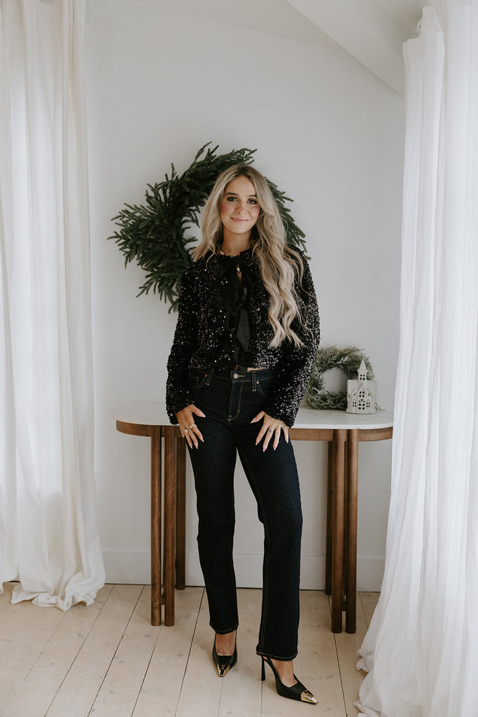 Sequin Bow Tie Front Shirt/Jacket - Black