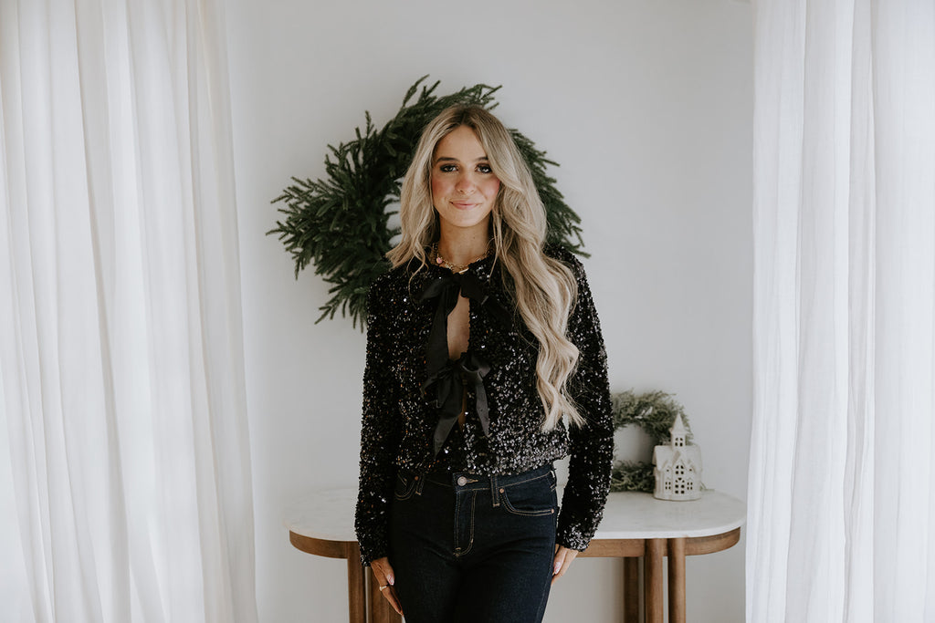 Sequin Bow Tie Front Shirt/Jacket - Black