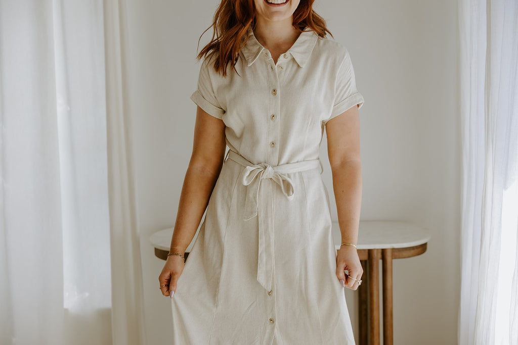 Button Down Midi Shirt Dress - Oat