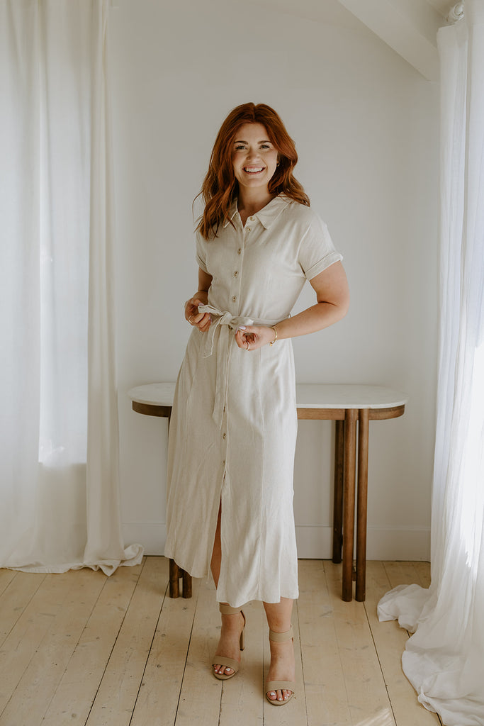 Button Down Midi Shirt Dress - Oat