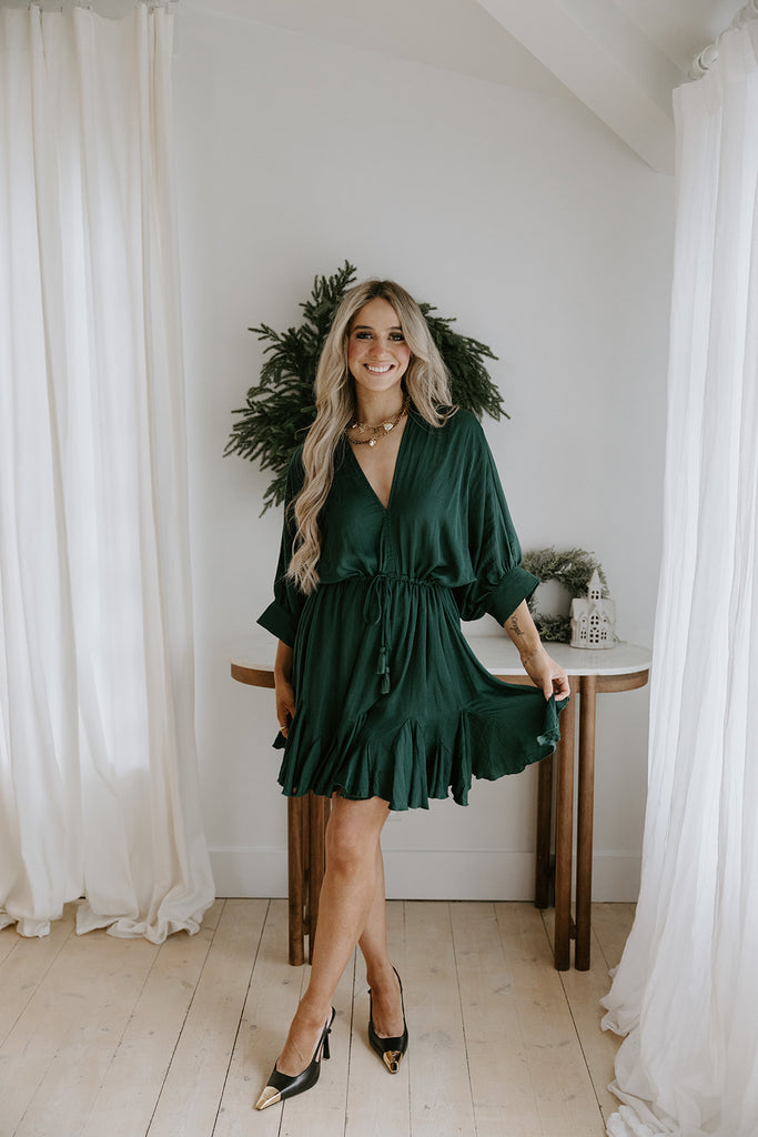 Dolman Sleeve Tie Front Dress - Green