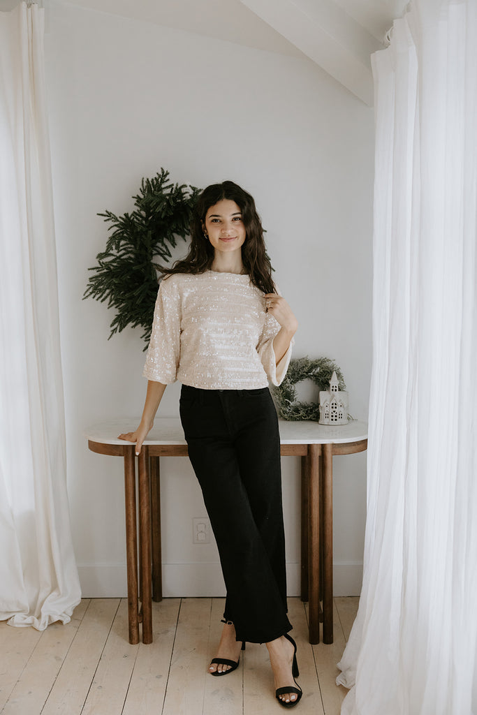 Crop Sequin Tee - Champagne