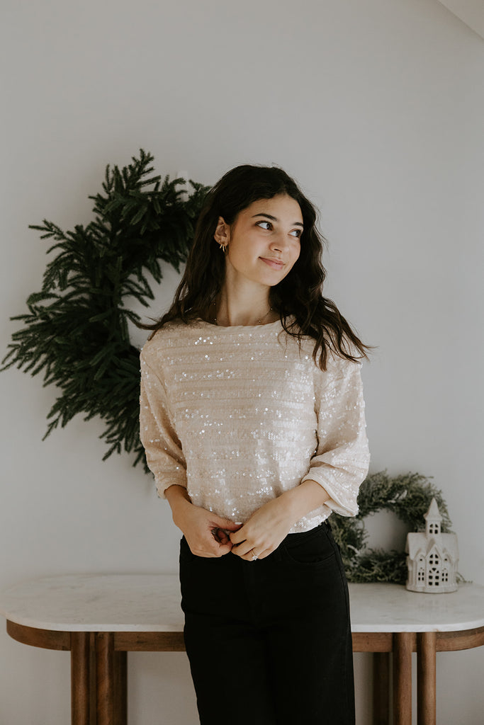 Crop Sequin Tee - Champagne