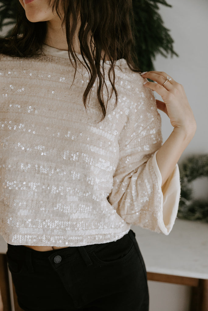Crop Sequin Tee - Champagne