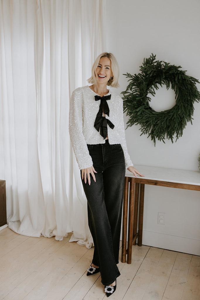 Sequin Bow Front Tie Shirt/Jacket - Cream