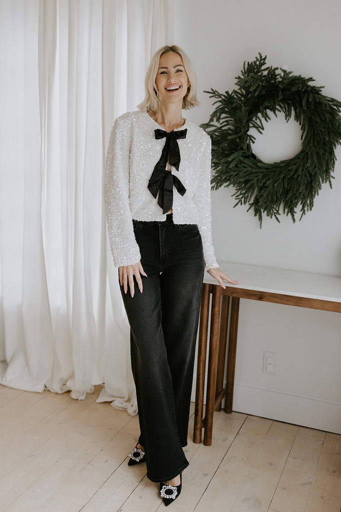 Sequin Bow Front Tie Shirt/Jacket - Cream