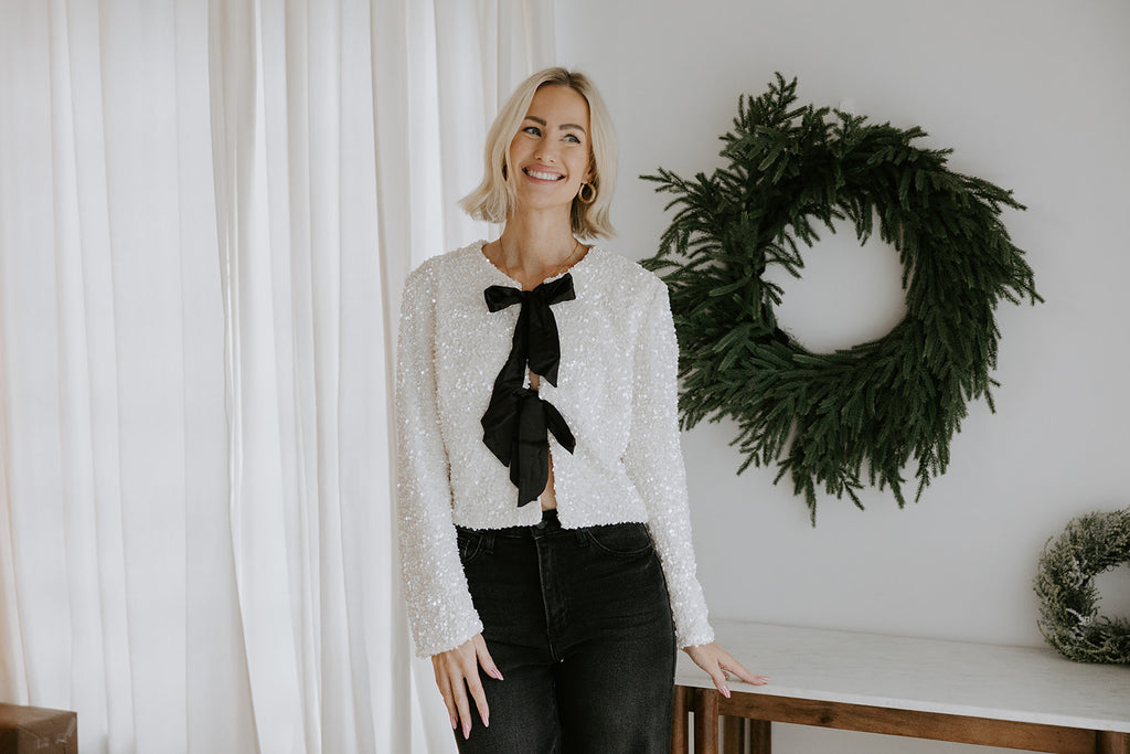 Sequin Bow Front Tie Shirt/Jacket - Cream