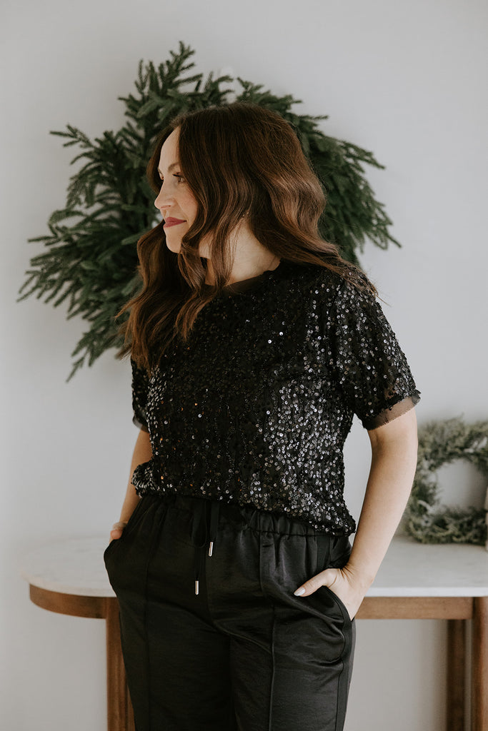 Sequin Tshirt Style Top - Black