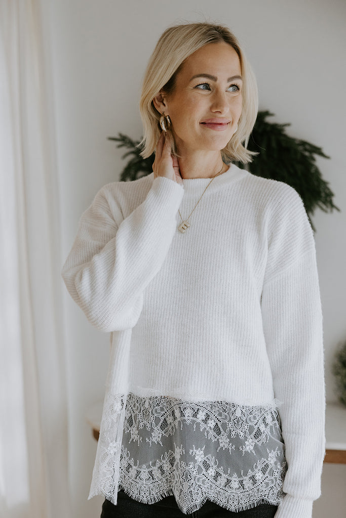 Lace Hem Sweater - White