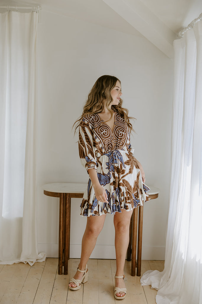 Dolman Front Tie Mini Dress - Brown/Blue