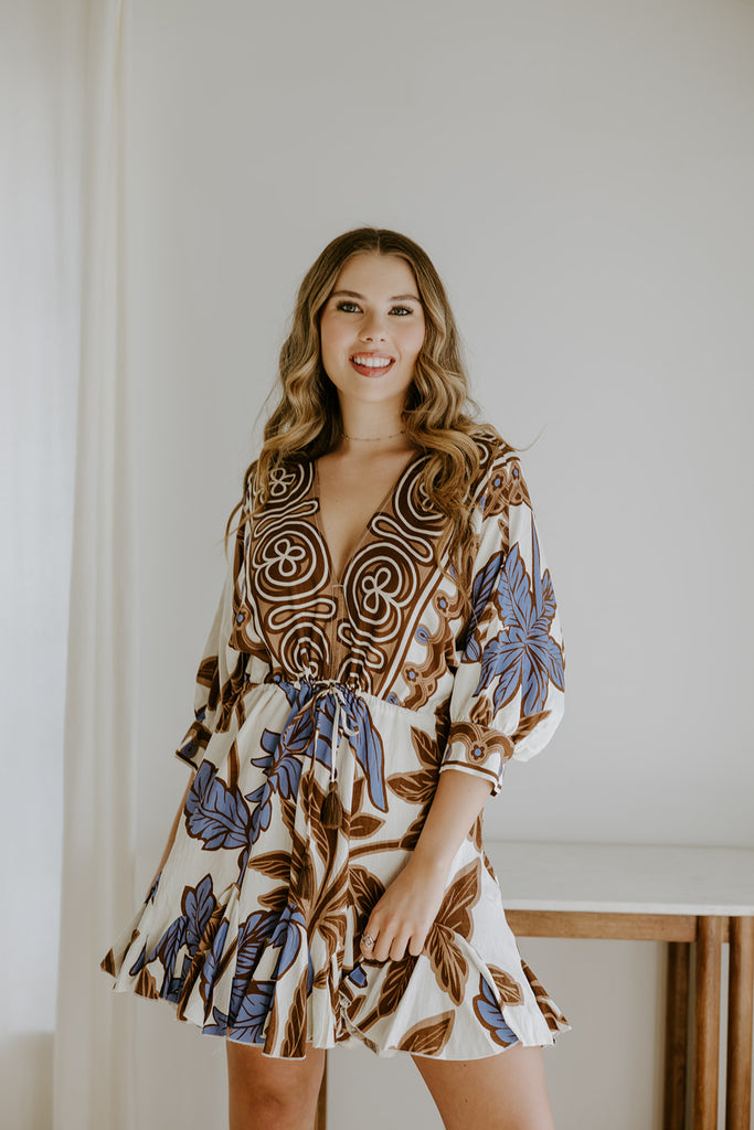 Dolman Front Tie Mini Dress - Brown/Blue