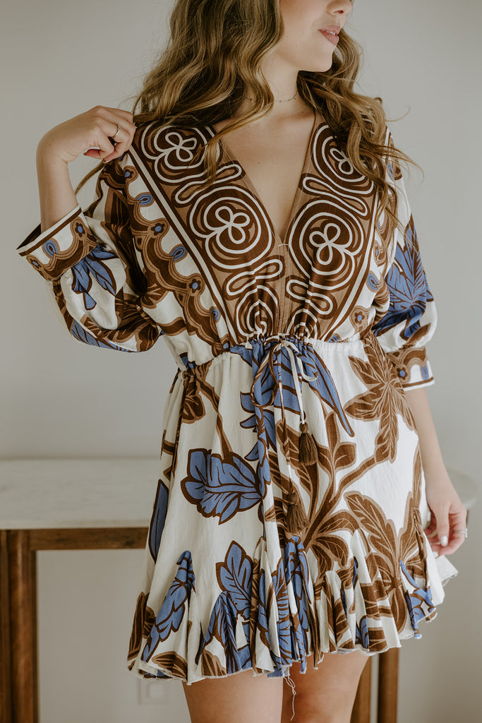 Dolman Front Tie Mini Dress - Brown/Blue