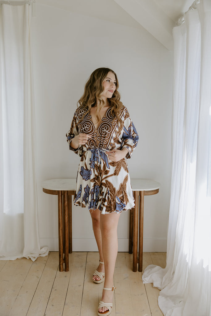 Dolman Front Tie Mini Dress - Brown/Blue