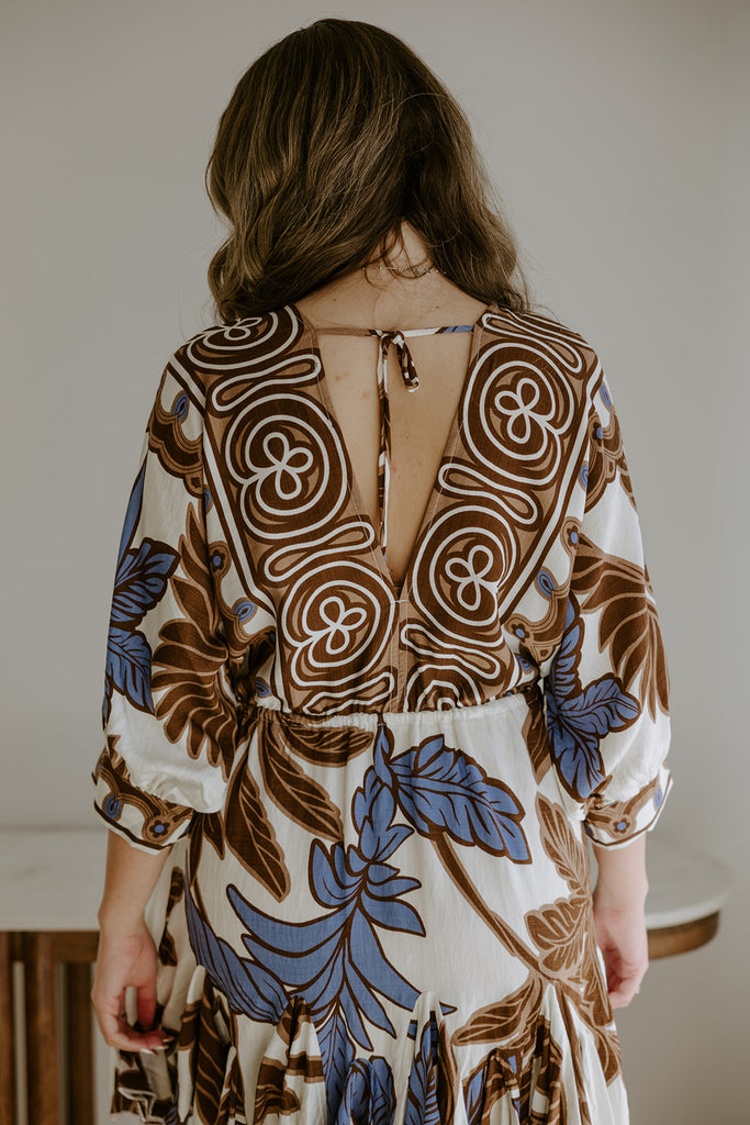Dolman Front Tie Mini Dress - Brown/Blue