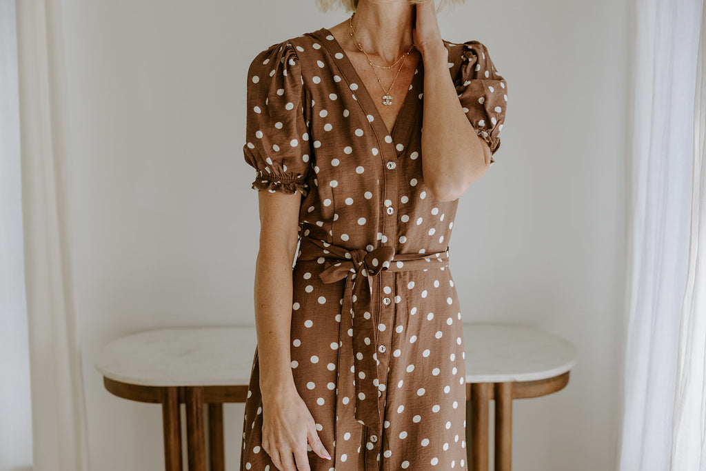 Button Up Polka Dot Midi - Brown