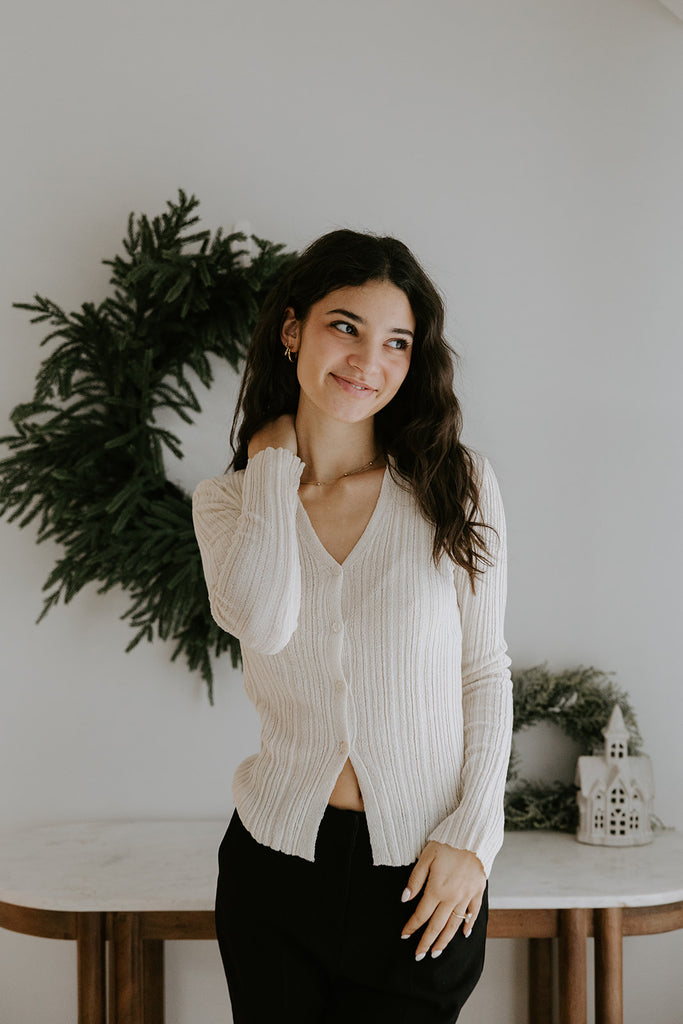 Lightweight Collared Button Knit Top - Cream