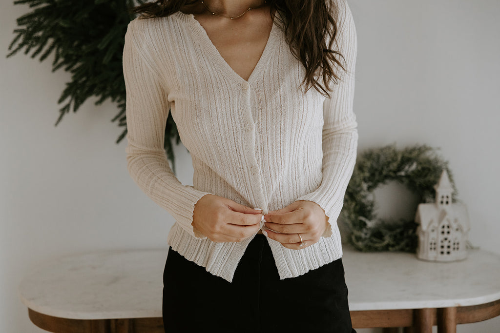 Lightweight Collared Button Knit Top - Cream
