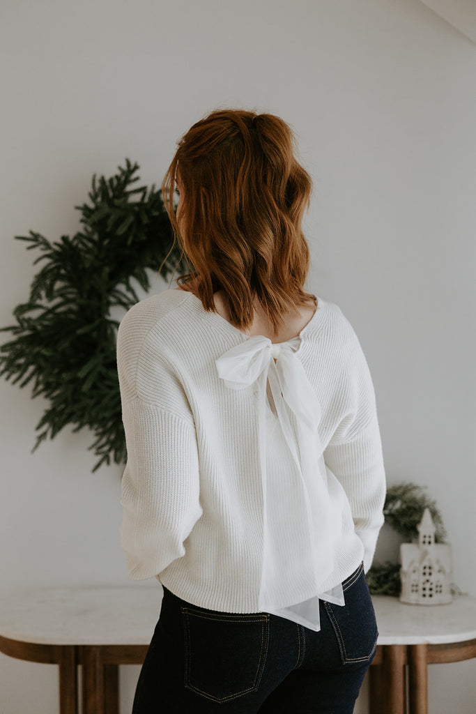 Back Bow V-neck Sweater - Cream