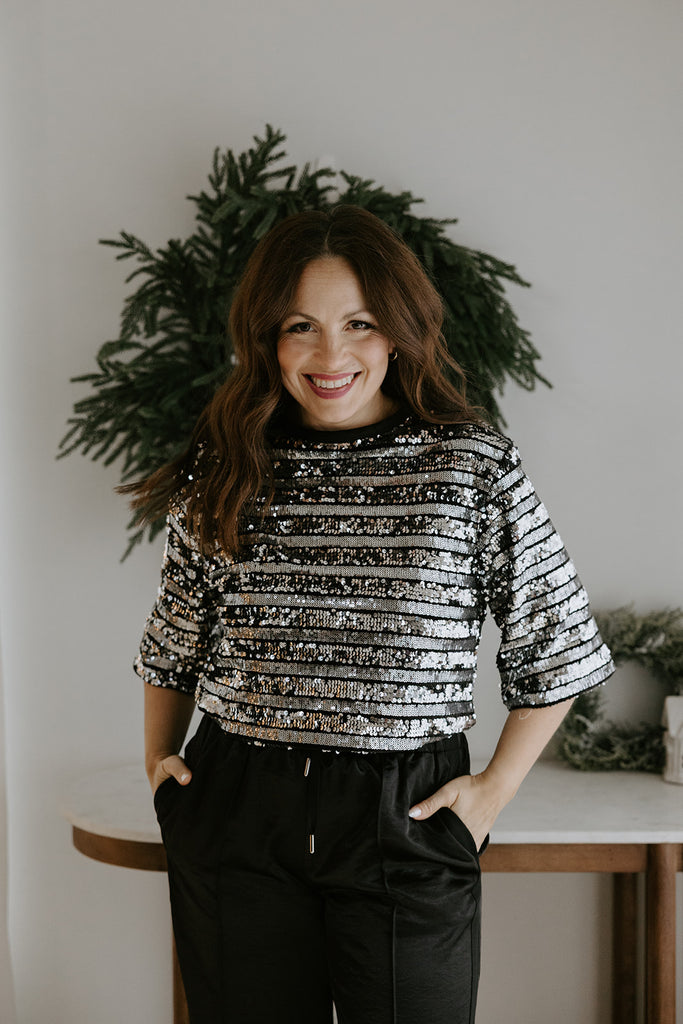 Crop Sequin Tee - Black/Silver