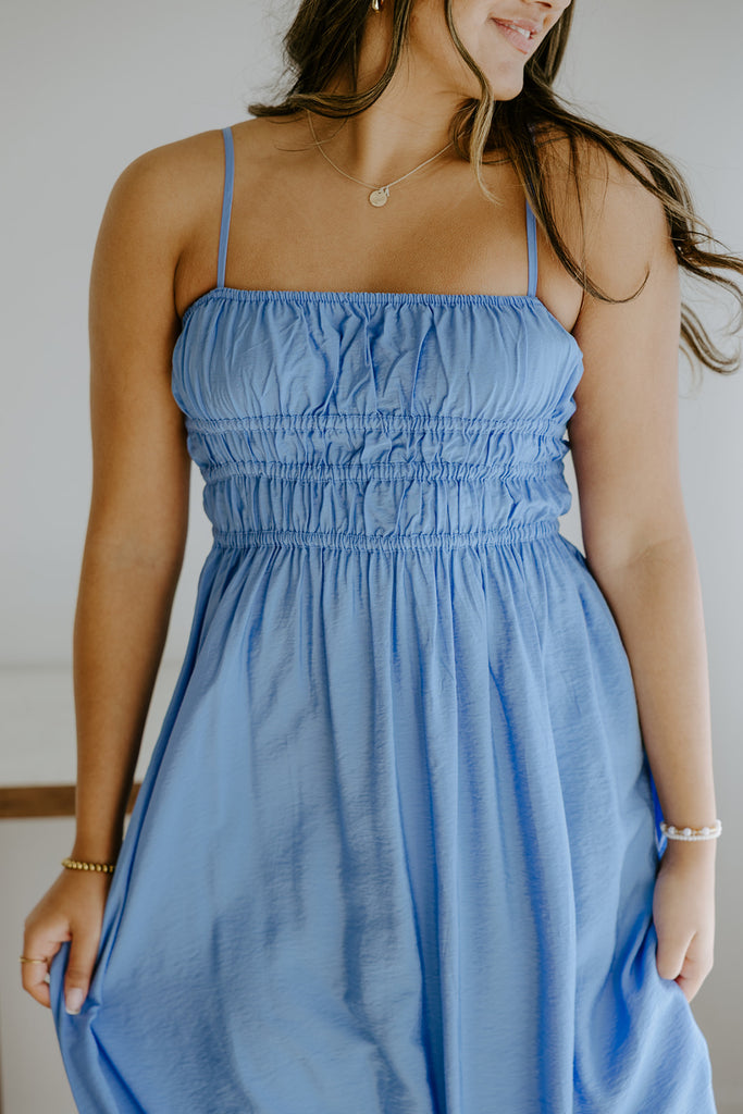 Lightweight Ruched Top Midi Dress - Blue