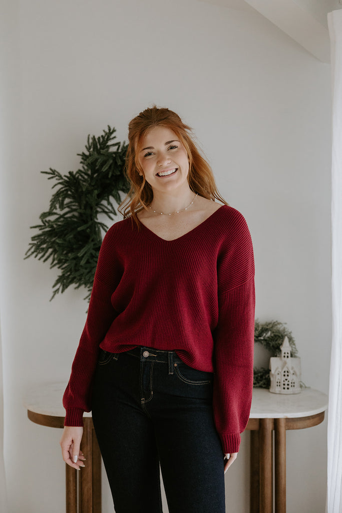 Back Bow V-Neck Sweater - Burgundy