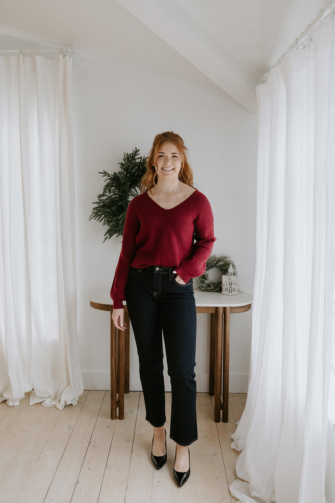 Back Bow V-Neck Sweater - Burgundy