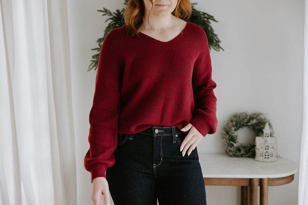 Back Bow V-Neck Sweater - Burgundy