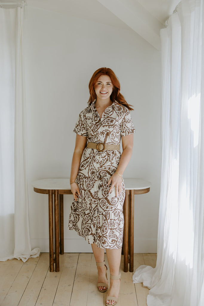 Printed Button Up Dress With Belt - Brown