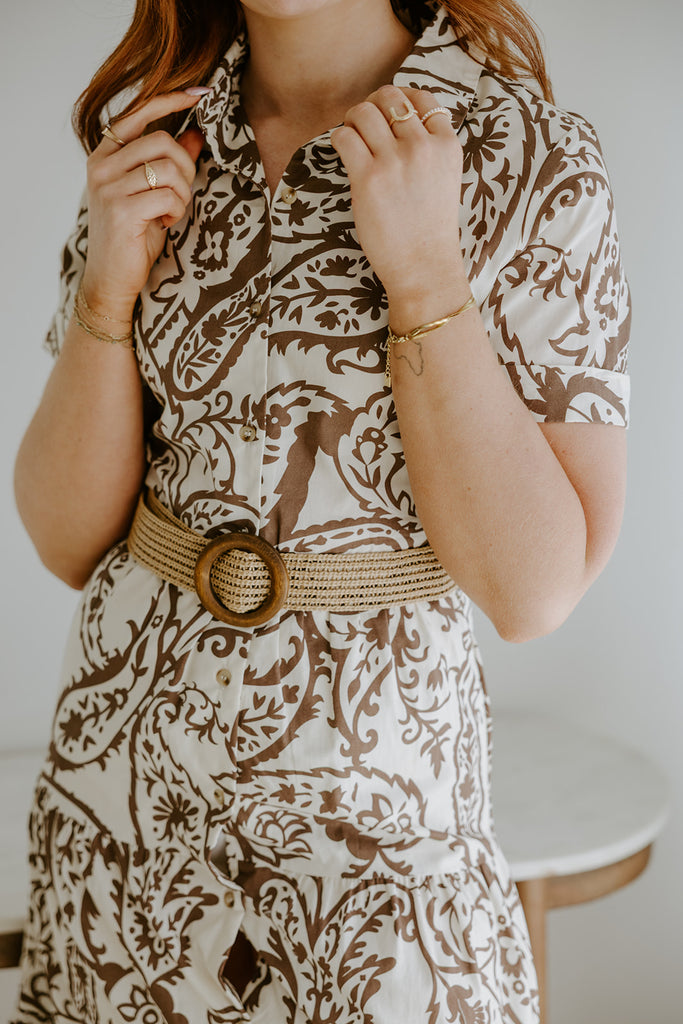 Printed Button Up Dress With Belt - Brown