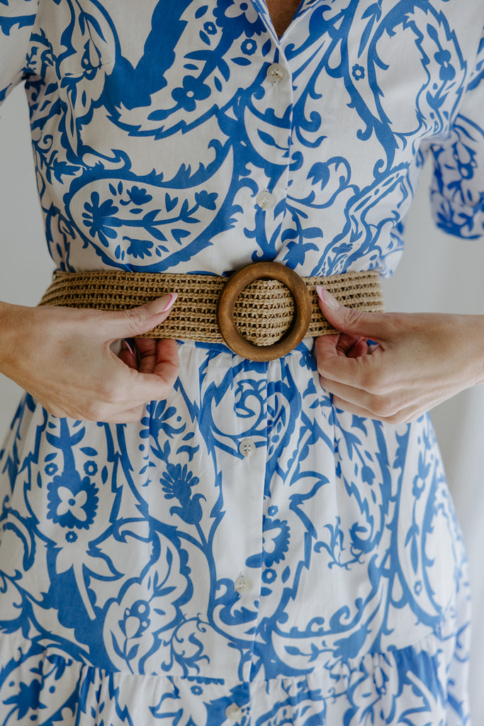Printed Button Up Dress With Belt - Blue