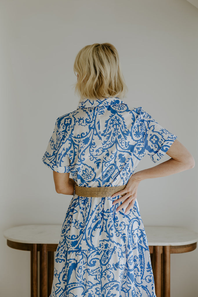 Printed Button Up Dress With Belt - Blue