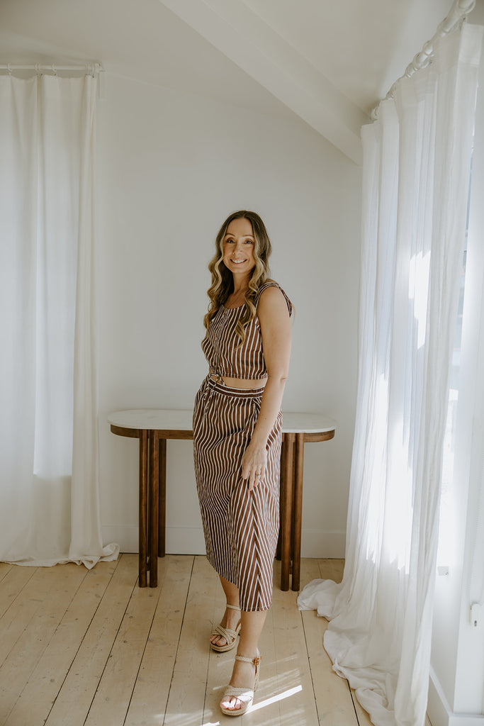 Striped Top And Skirt Set - Brown