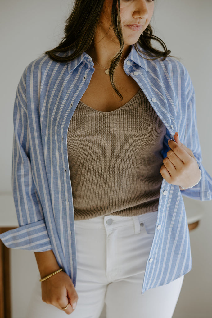 Linen Blend Striped Top - Blue