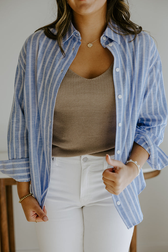 Linen Blend Striped Top - Blue