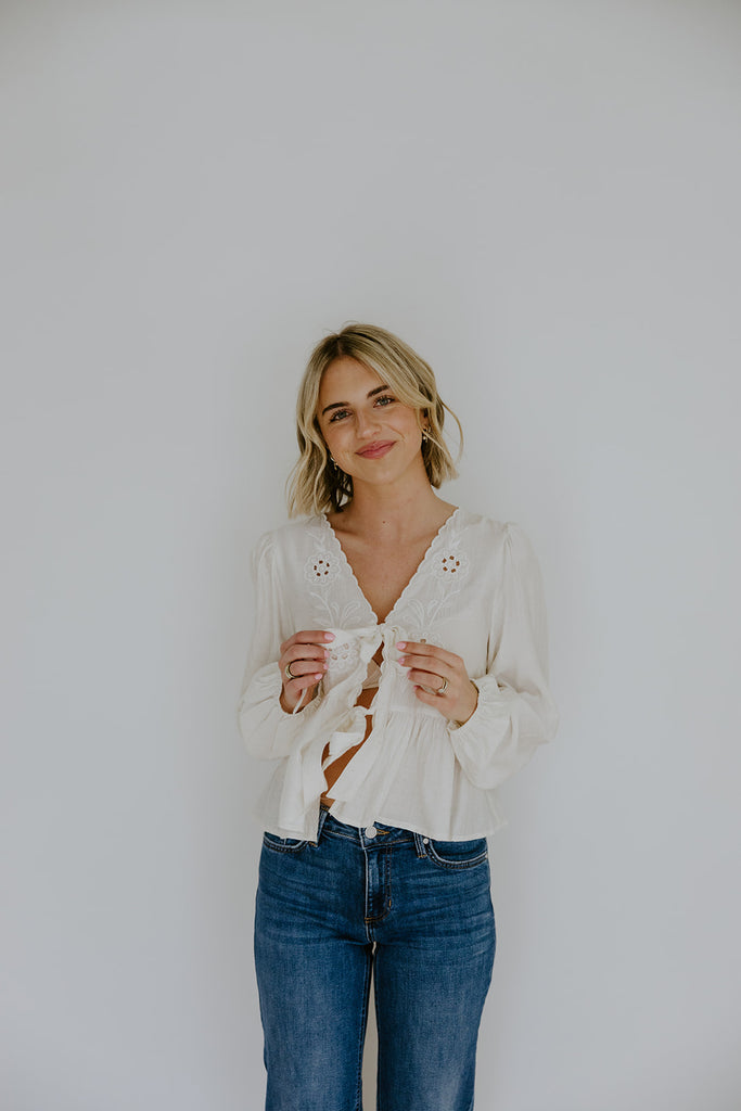 Peplum Front Tie Shirt With Embroidery - Ivory