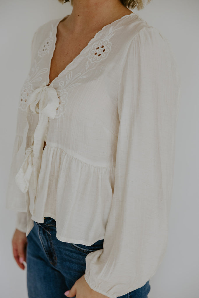 Peplum Front Tie Shirt With Embroidery - Ivory
