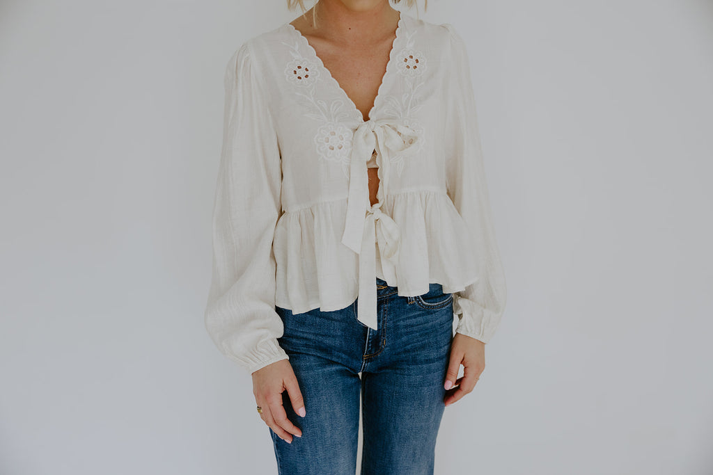 Peplum Front Tie Shirt With Embroidery - Ivory