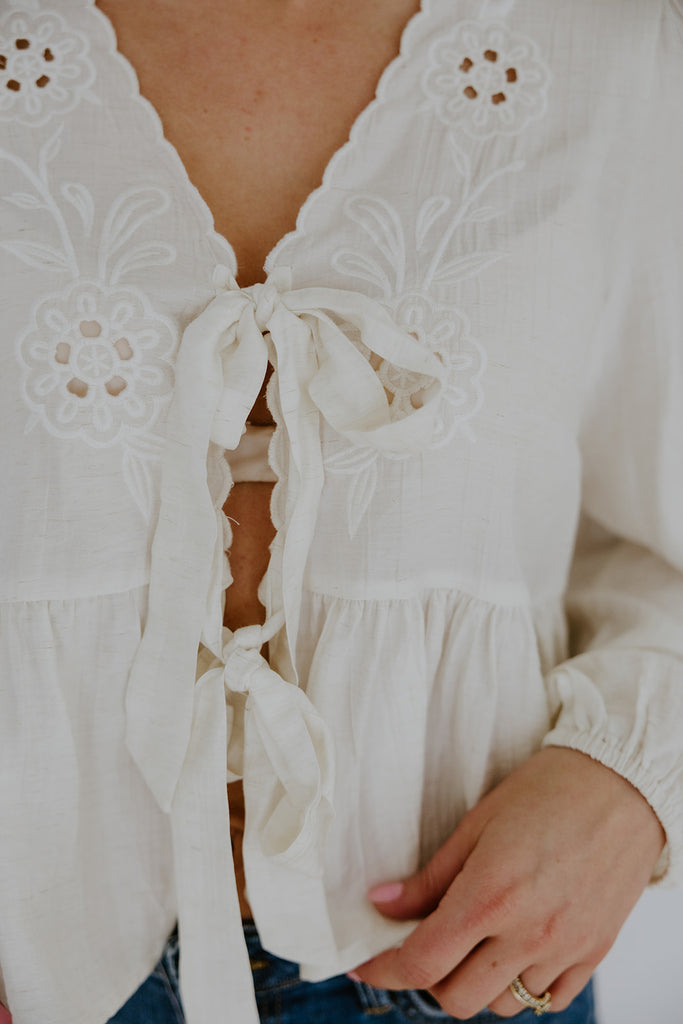 Peplum Front Tie Shirt With Embroidery - Ivory