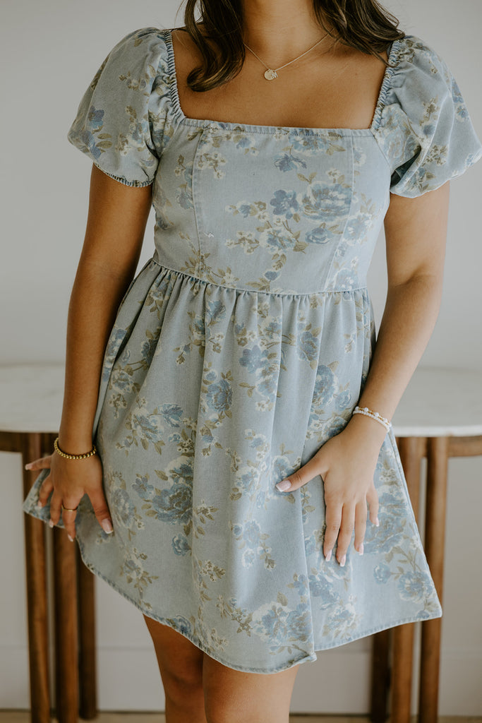 Denim Dress with Floral Print