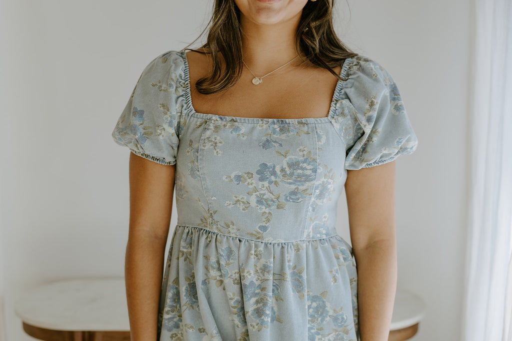 Denim Dress with Floral Print