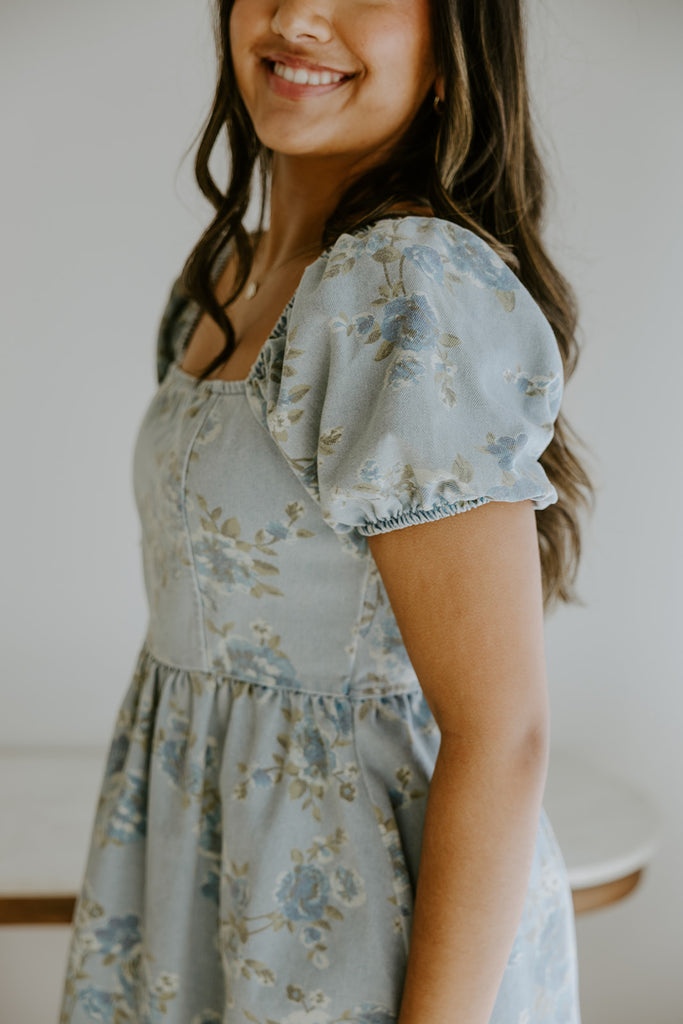 Denim Dress with Floral Print