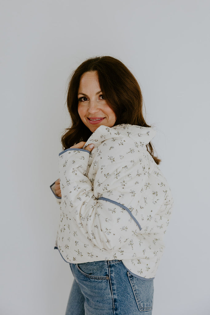 Quilted Floral Bomber Jacket - Blue