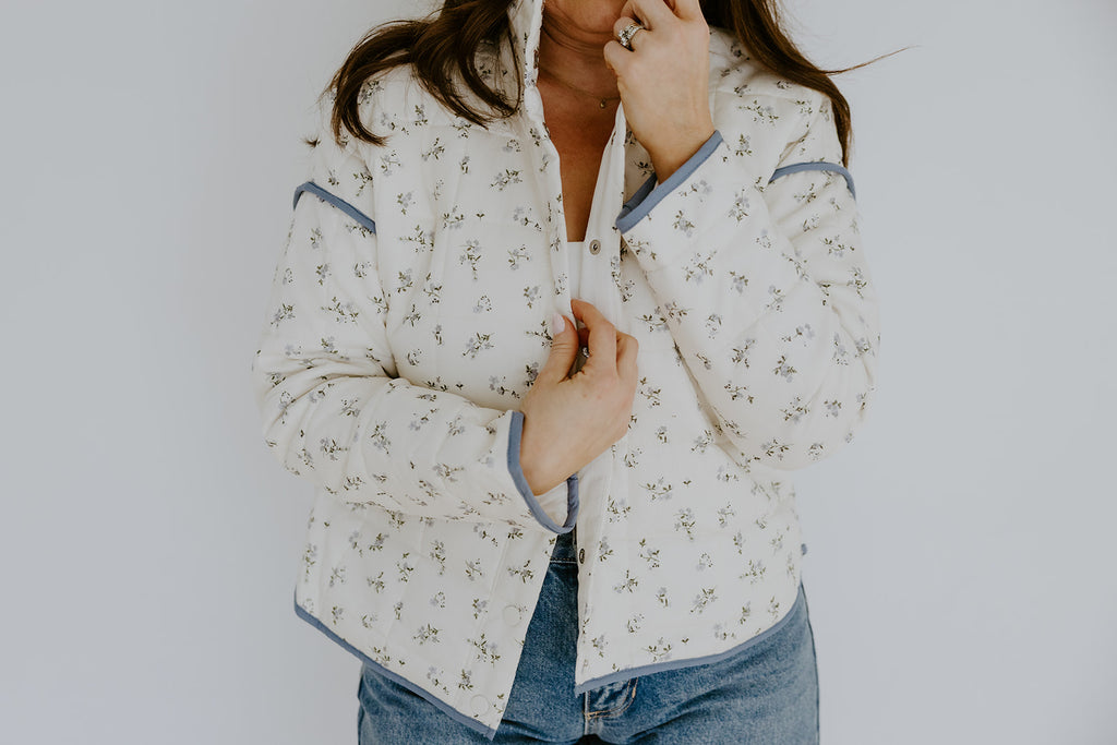 Quilted Floral Bomber Jacket - Blue