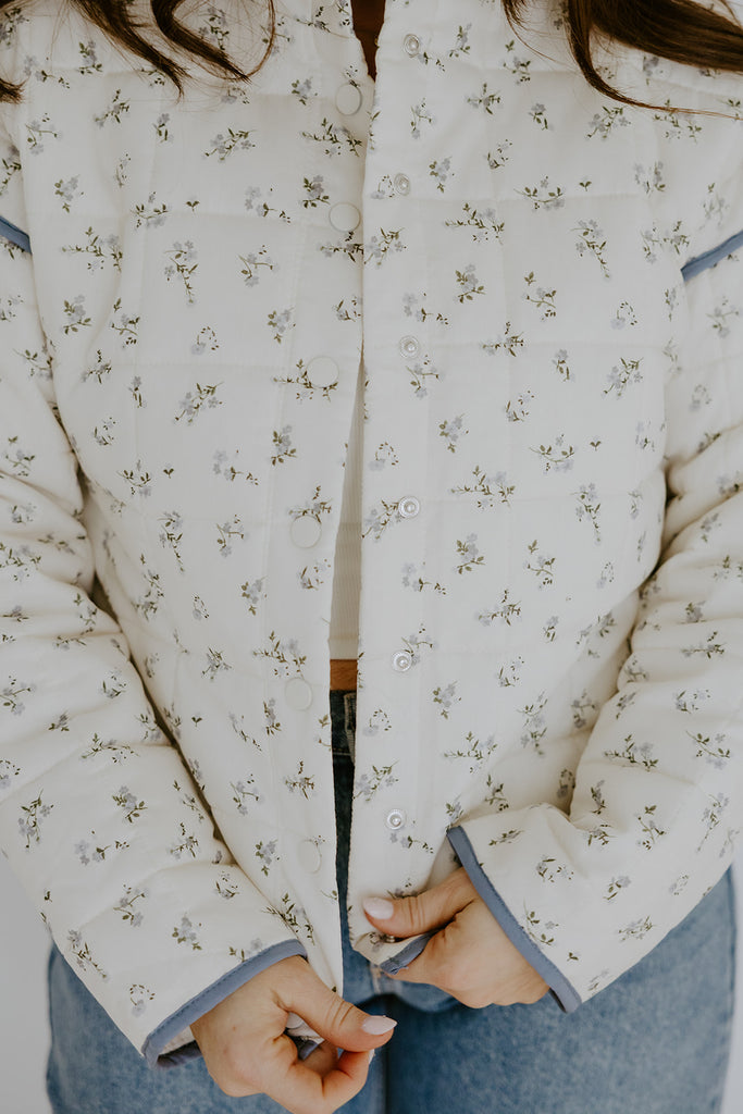 Quilted Floral Bomber Jacket - Blue