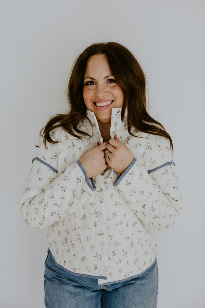 Quilted Floral Bomber Jacket - Blue
