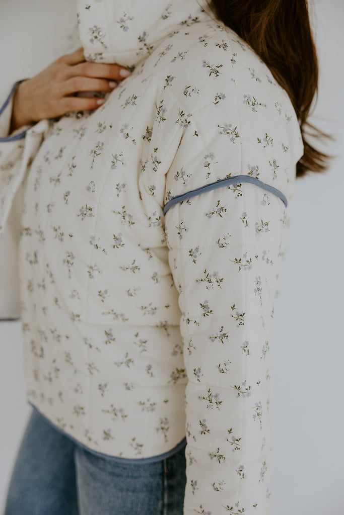 Quilted Floral Bomber Jacket - Blue