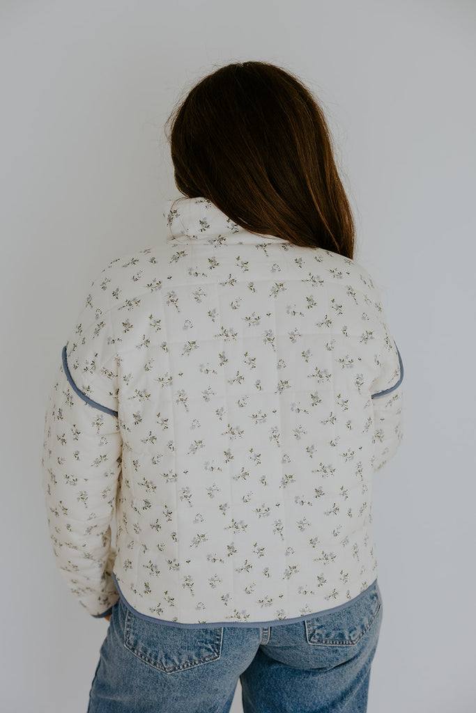 Quilted Floral Bomber Jacket - Blue